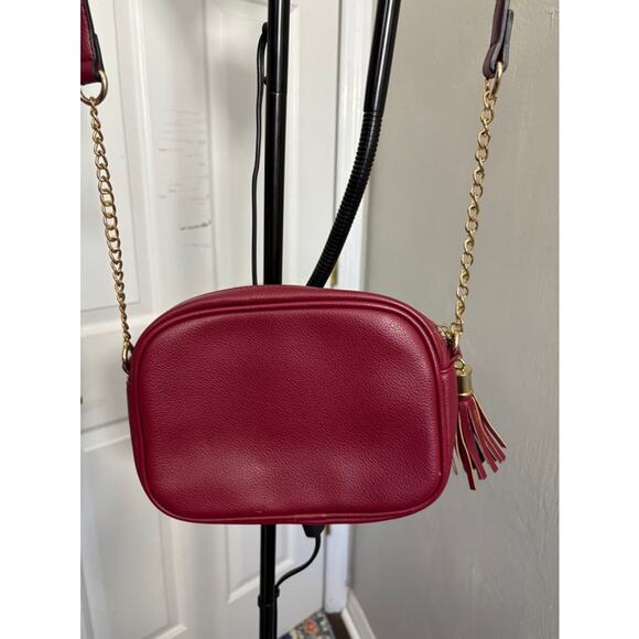 Women's Crossbody Shoulder Purse Bag Small Burgundy & Gold Tassle Zipper - Picture 4 of 8